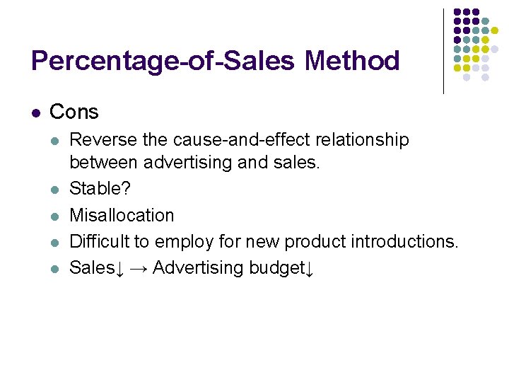 Percentage-of-Sales Method l Cons l l l Reverse the cause-and-effect relationship between advertising and