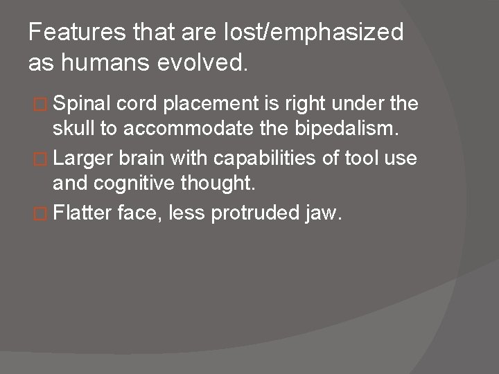 Features that are lost/emphasized as humans evolved. � Spinal cord placement is right under