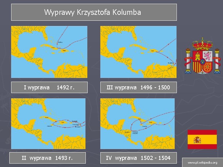 Wyprawy Krzysztofa Kolumba I wyprawa 1492 r. II wyprawa 1493 r. III wyprawa 1496