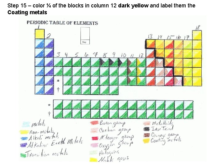 Step 15 – color ¼ of the blocks in column 12 dark yellow and