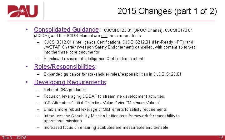 2015 Changes (part 1 of 2) • Consolidated Guidance: CJCSI 5123. 01 (JROC Charter),