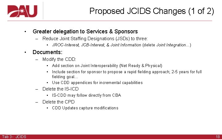 Proposed JCIDS Changes (1 of 2) • Greater delegation to Services & Sponsors – Proposed JCIDS Changes (1 of 2) • Greater delegation to Services & Sponsors –