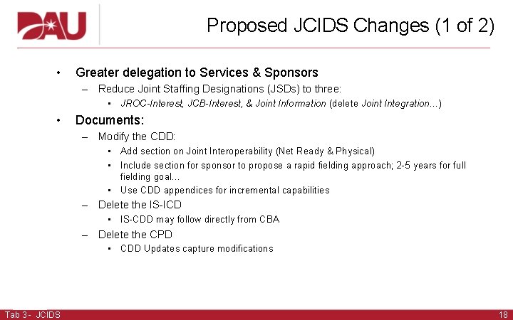 Proposed JCIDS Changes (1 of 2) • Greater delegation to Services & Sponsors –