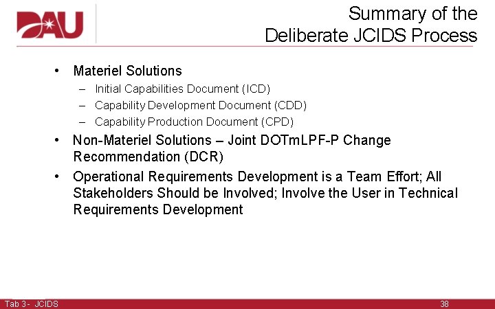 Summary of the Deliberate JCIDS Process • Materiel Solutions – Initial Capabilities Document (ICD) Summary of the Deliberate JCIDS Process • Materiel Solutions – Initial Capabilities Document (ICD)