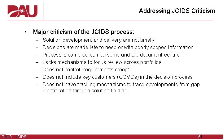 Addressing JCIDS Criticism • Major criticism of the JCIDS process: – – – –