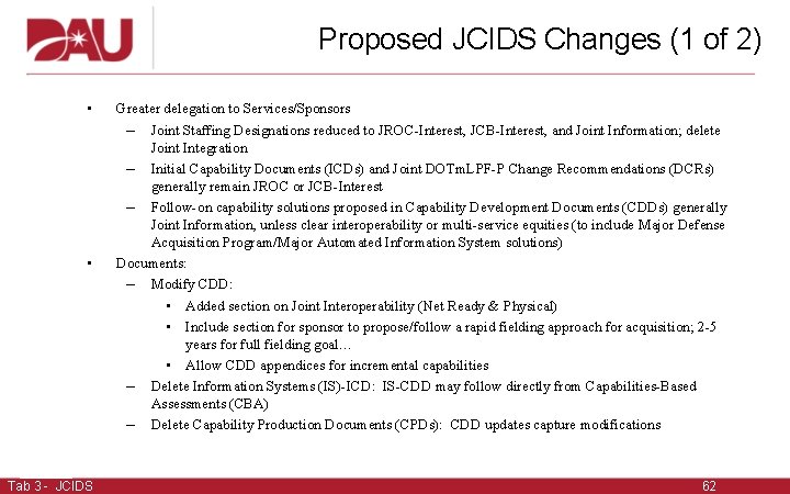 Proposed JCIDS Changes (1 of 2) • • Tab 3 - JCIDS Greater delegation Proposed JCIDS Changes (1 of 2) • • Tab 3 - JCIDS Greater delegation
