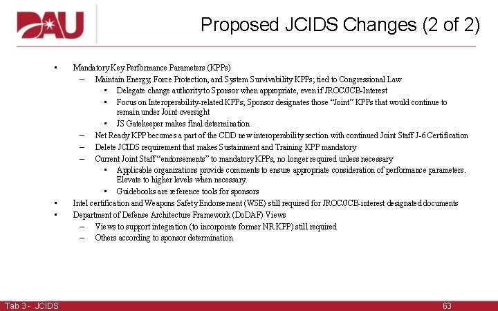 Proposed JCIDS Changes (2 of 2) • • • Tab 3 - JCIDS Mandatory Proposed JCIDS Changes (2 of 2) • • • Tab 3 - JCIDS Mandatory