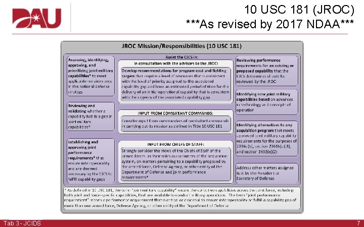 10 USC 181 (JROC) ***As revised by 2017 NDAA*** Tab 3 - JCIDS 7 10 USC 181 (JROC) ***As revised by 2017 NDAA*** Tab 3 - JCIDS 7