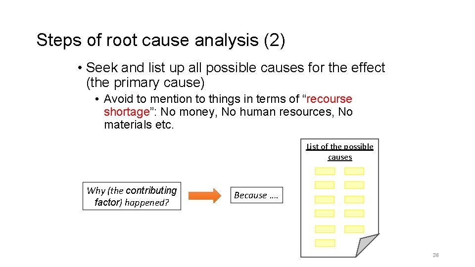 Steps of root cause analysis (2) • Seek and list up all possible causes