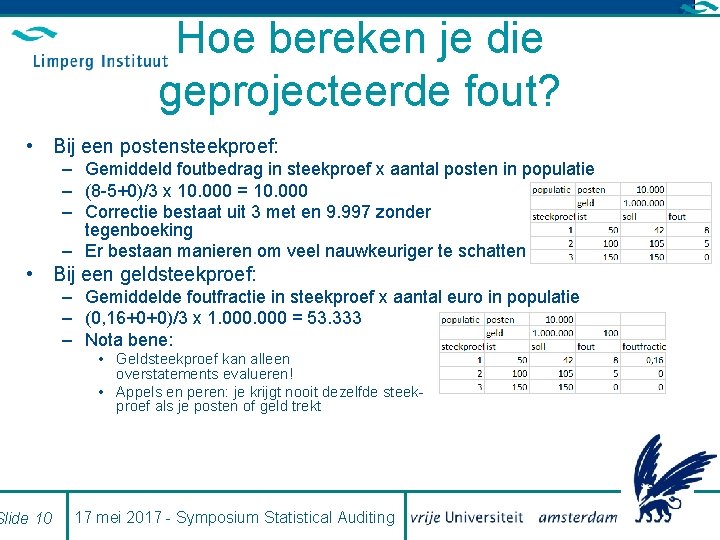 Hoe bereken je die geprojecteerde fout? • Bij een postensteekproef: – Gemiddeld foutbedrag in