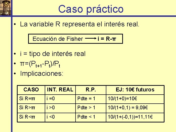 Caso práctico • La variable R representa el interés real. Ecuación de Fisher i