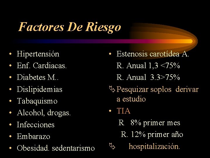Factores De Riesgo • • • Hipertensión Enf. Cardiacas. Diabetes M. . Dislipidemias Tabaquismo