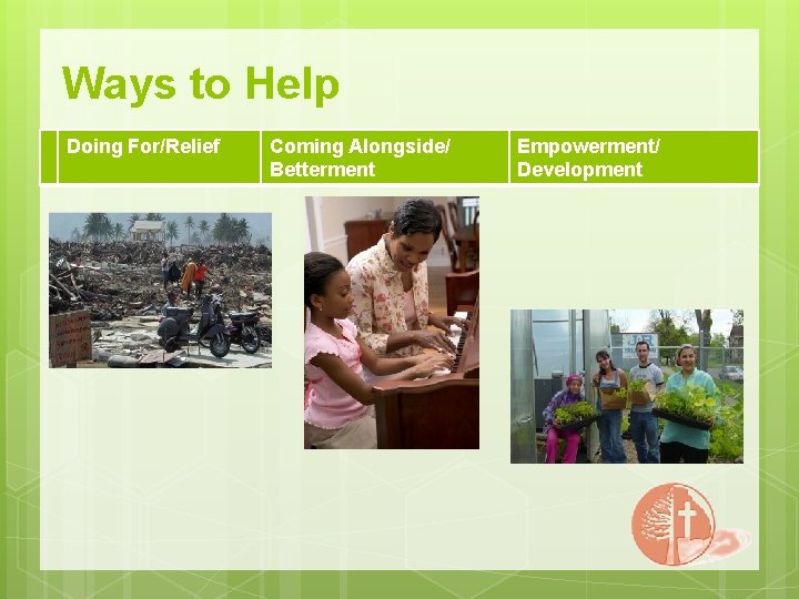 Ways to Help Doing For/Relief Coming Alongside/ Betterment Empowerment/ Development 