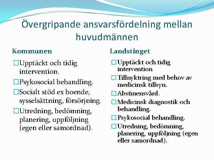 Övergripande ansvarsfördelning mellan huvudmännen Kommunen Landstinget �Upptäckt och tidig intervention. �Psykosocial behandling. �Socialt stöd