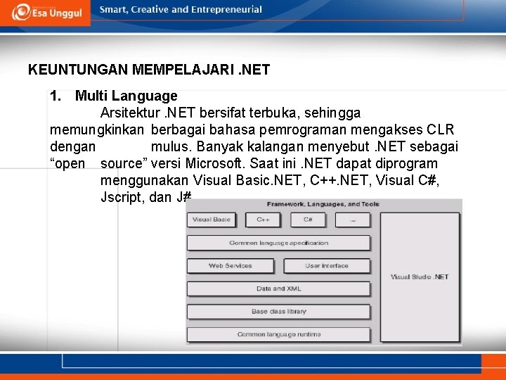 KEUNTUNGAN MEMPELAJARI. NET 1. Multi Language Arsitektur. NET bersifat terbuka, sehingga memungkinkan berbagai bahasa