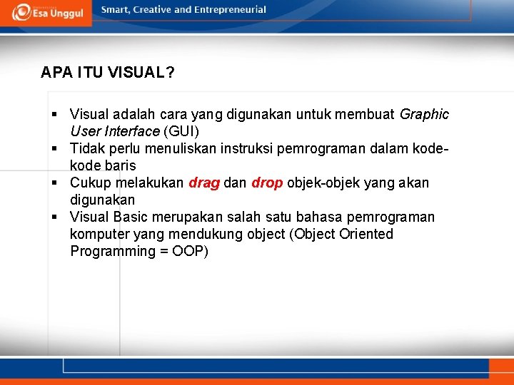 APA ITU VISUAL? § Visual adalah cara yang digunakan untuk membuat Graphic User Interface
