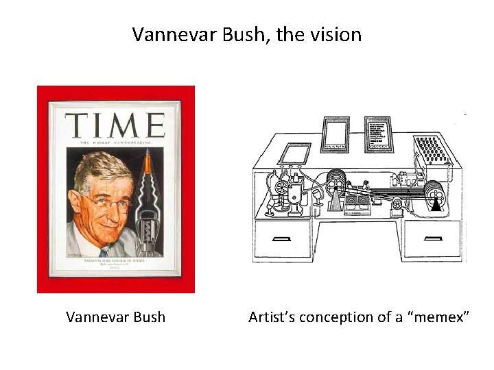 Vannevar Bush, the vision Vannevar Bush Artist’s conception of a “memex” 