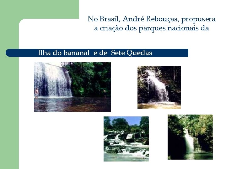 No Brasil, André Rebouças, propusera a criação dos parques nacionais da Ilha do bananal