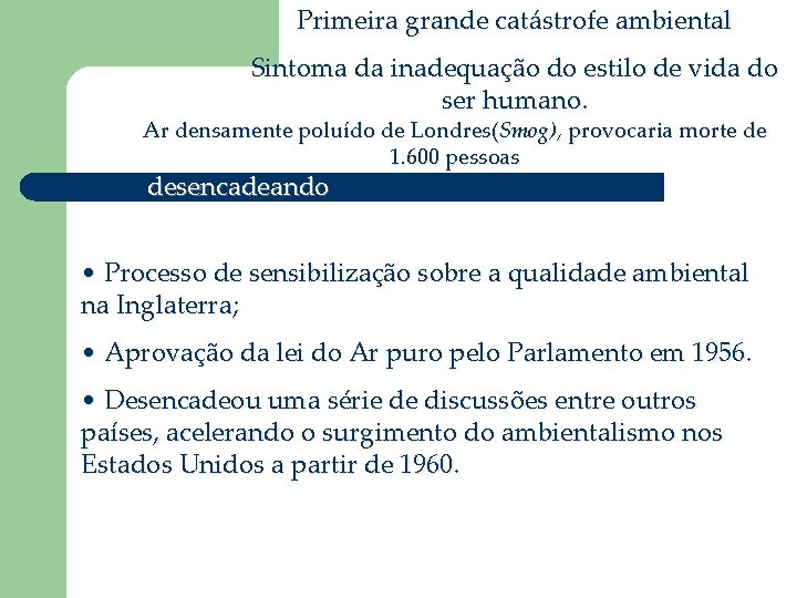 Primeira grande catástrofe ambiental Sintoma da inadequação do estilo de vida do ser humano.