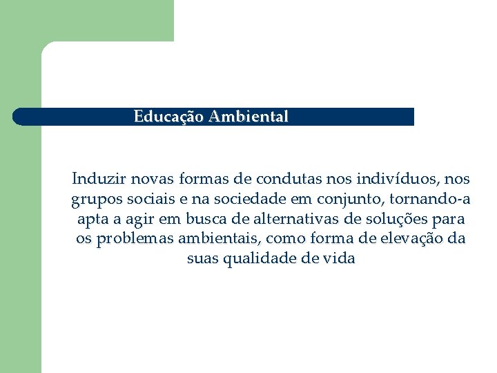 Educação Ambiental Induzir novas formas de condutas nos indivíduos, nos grupos sociais e na