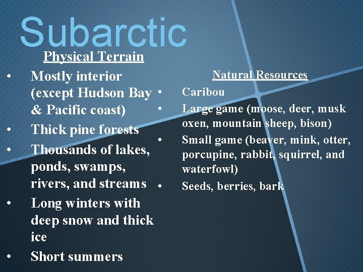 Subarctic • • • Physical Terrain Mostly interior (except Hudson Bay & Pacific coast)