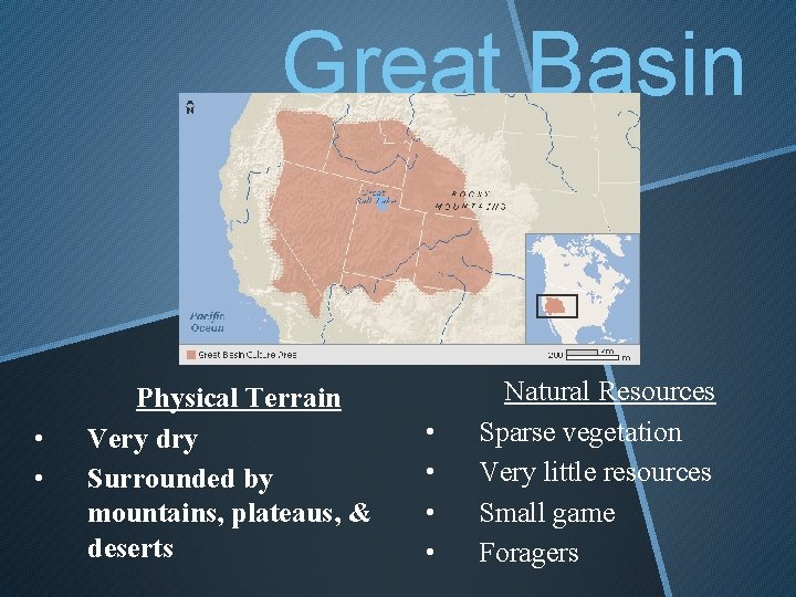 Great Basin • • Physical Terrain Very dry Surrounded by mountains, plateaus, & deserts
