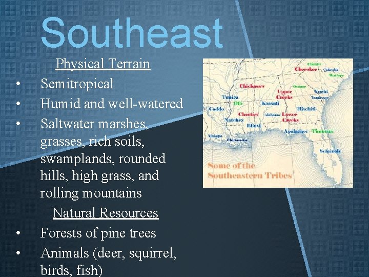 Southeast • • • Physical Terrain Semitropical Humid and well-watered Saltwater marshes, grasses, rich