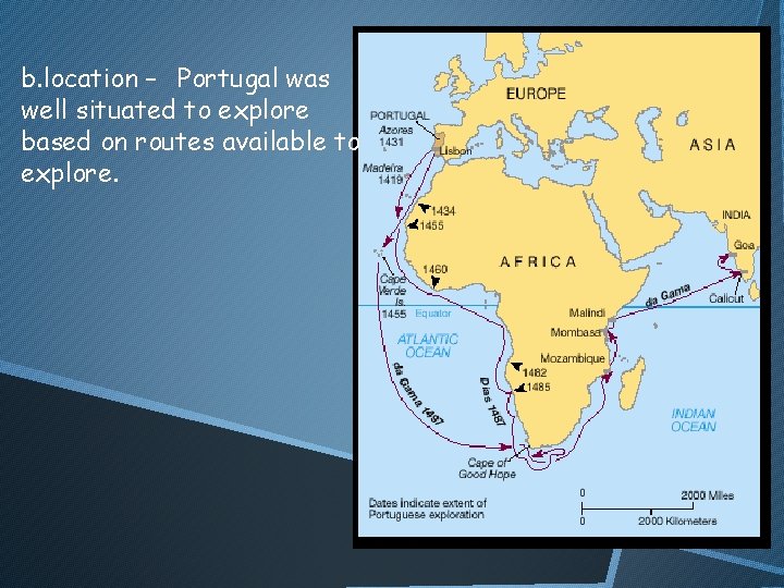 b. location – Portugal was well situated to explore based on routes available to