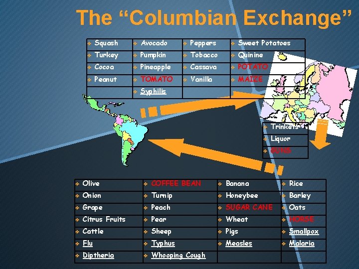 The “Columbian Exchange” ❖ Squash ❖ Avocado ❖ Peppers ❖ Sweet Potatoes ❖ Turkey