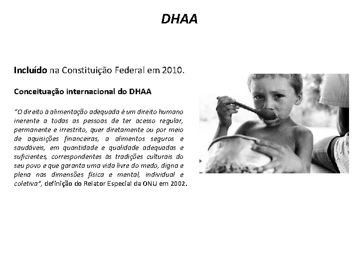 DHAA Incluído na Constituição Federal em 2010. Conceituação internacional do DHAA “O direito à