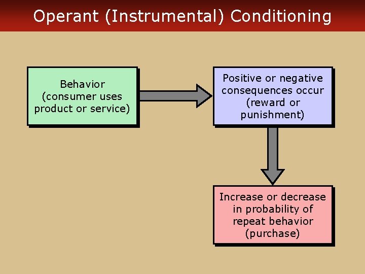 Operant (Instrumental) Conditioning Behavior (consumer uses product or service) Positive or negative consequences occur