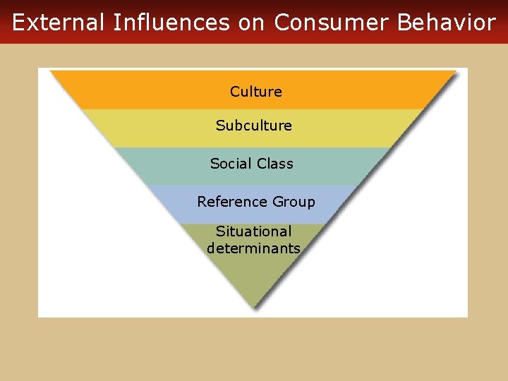 External Influences on Consumer Behavior Culture Subculture Social Class Reference Group Situational determinants 