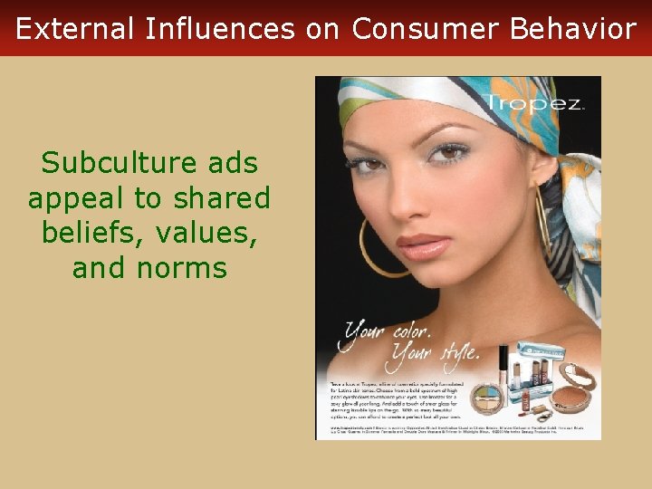 External Influences on Consumer Behavior Subculture ads appeal to shared beliefs, values, and norms