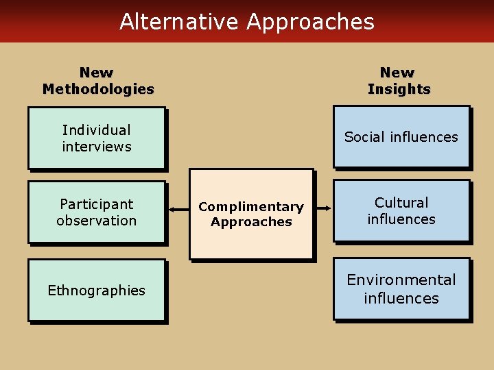Alternative Approaches New Methodologies New Insights Individual interviews Social influences Participant observation Ethnographies Complimentary