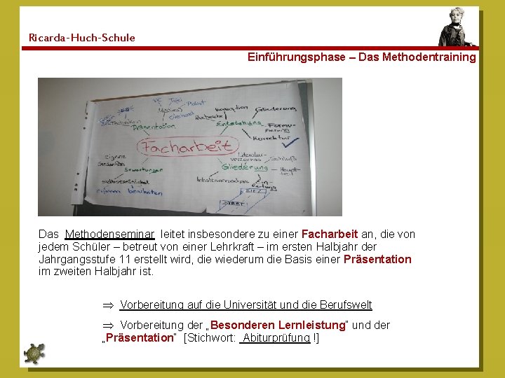 Ricarda-Huch-Schule Einführungsphase – Das Methodentraining Das Methodenseminar leitet insbesondere zu einer Facharbeit an, die