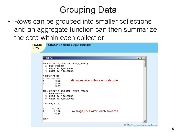 Grouping Data • Rows can be grouped into smaller collections and an aggregate function