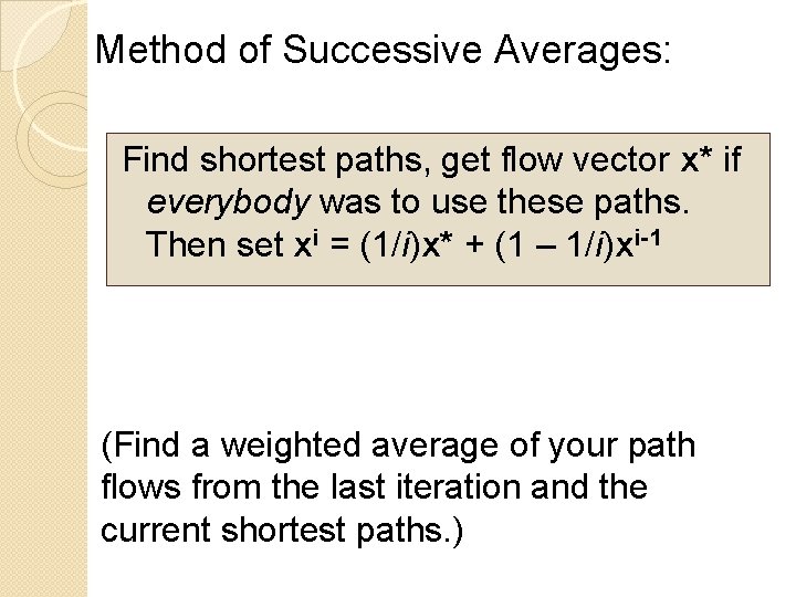 Method of Successive Averages: Find shortest paths, get flow vector x* if everybody was