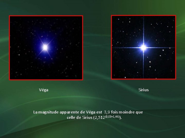 Véga Sirius La magnitude apparente de Véga est 3, 9 fois moindre que celle