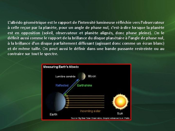 L'albédo géométrique est le rapport de l'intensité lumineuse réfléchie vers l'observateur à celle reçue