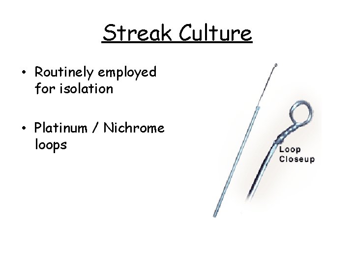Streak Culture • Routinely employed for isolation • Platinum / Nichrome loops 