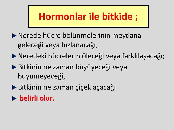 Hormonlar ile bitkide ; ► Nerede hücre bölünmelerinin meydana geleceği veya hızlanacağı, ► Neredeki