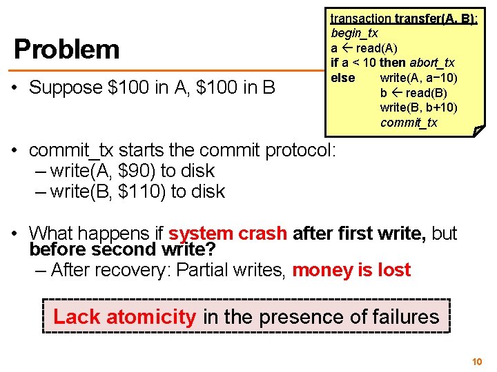 Problem • Suppose $100 in A, $100 in B transaction transfer(A, B): begin_tx a