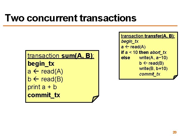Two concurrent transactions transaction sum(A, B): begin_tx a read(A) b read(B) print a +