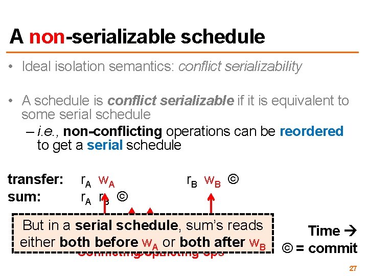 A non-serializable schedule • Ideal isolation semantics: conflict serializability • A schedule is conflict
