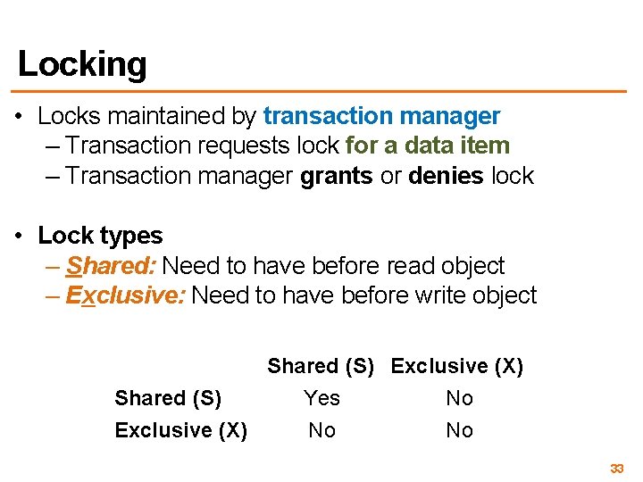 Locking • Locks maintained by transaction manager – Transaction requests lock for a data