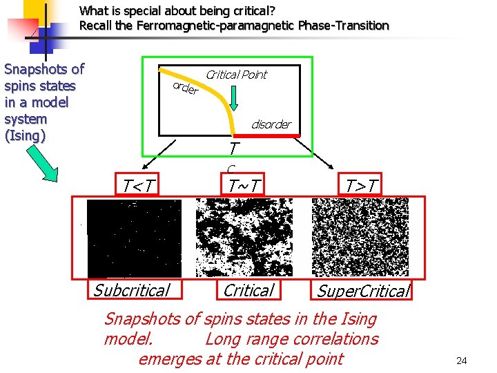 What is special about being critical? Recall the Ferromagnetic-paramagnetic Phase-Transition Snapshots of spins states