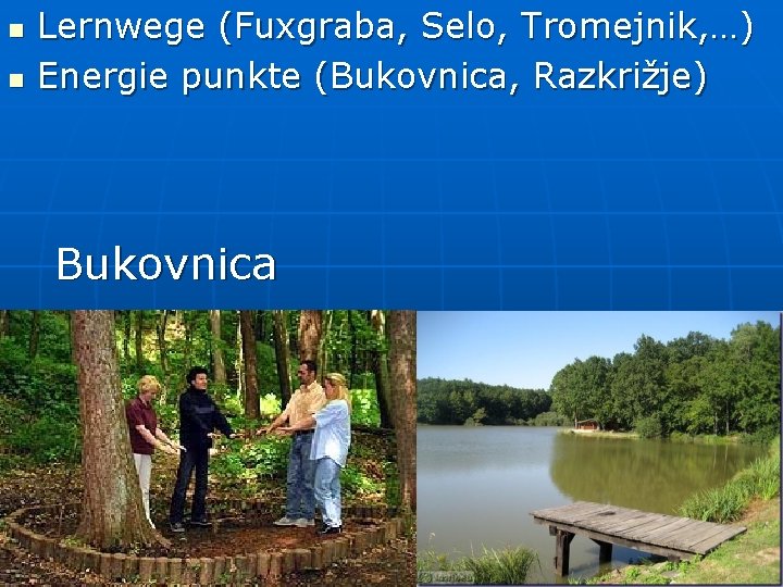 n n Lernwege (Fuxgraba, Selo, Tromejnik, …) Energie punkte (Bukovnica, Razkrižje) Bukovnica 