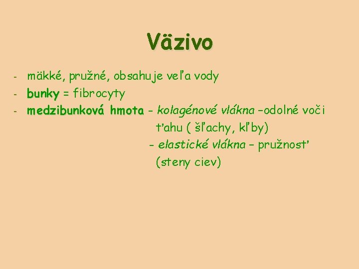 Väzivo - mäkké, pružné, obsahuje veľa vody bunky = fibrocyty medzibunková hmota - kolagénové