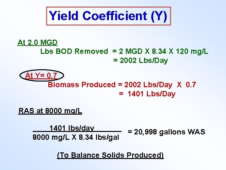 Yield Coefficient (Y) At 2. 0 MGD Lbs BOD Removed = 2 MGD X