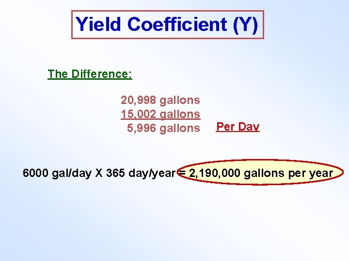 Yield Coefficient (Y) The Difference: 20, 998 gallons 15, 002 gallons 5, 996 gallons
